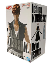 Load image into Gallery viewer, Free UK Royal Mail Tracked 24hr delivery   Striking statue of Ichigo Kurosaki from the legendary anime Bleach. This figure is launched by Banpresto as part of their latest Solid and Souls series.   This figure is created in excellent detail, showing Ichigo posing with his two swords (quincy &amp; soul reaper), in his classic soul reaper uniform,   This PVC statue stands at 17cm tall, and packaged in a gift / collectible box from Bandai.
