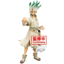 Load image into Gallery viewer, Free UK Royal Mail Tracked 24hr delivery Striking statue of Senku Ishigami from the popular anime series Dr. Stone. This amazing figure is launched by Banpresto as part of their latest Figure of Stone World collection. The creator did a smashing job finishing this piece, showing Senku posing in his stone age science gear, with his tools attacked on his side. - Truly amazing !