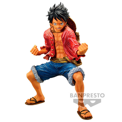 Striking statue of Monkey D. Luffy from the legendary anime ONE PIECE. This figure is launched by Banpresto as part of their latest Chronicle series.   The creator has created this piece meticulously, showing Luffy posing in his classic pirate outfit, with his straw hat on the back, and ready for battle.   This PVC statue stands at 18cm tall, and packaged in a gift / collectible box from Bandai. 