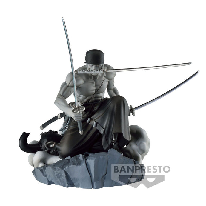Free UK Royal Mail Tracked 24hr Delivery  Spectacular statue of Roronoa Zoro from the legendary anime series ONE PIECE. This amazing statue is part of Banpresto's DIRORAMATIC series.   The PVC/ABS statue stands at 15cm tall. There are a total of 4 editions. 