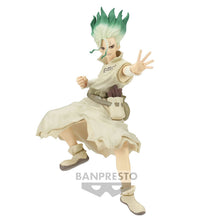 Load image into Gallery viewer, Free UK Royal Mail Tracked 24hr delivery Cool figure of Senku Ishagami from the popular anime series Dr.Stone. This statue is launched by Banpresto as part of their latest Figure of STONE WORLD series. The figure is created beautifully, showing Senku posing in his stone world outfit with his tool bag strapped to his side, and the famous E=MC2 equation across his chest.