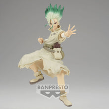 Load image into Gallery viewer, Free UK Royal Mail Tracked 24hr delivery Cool figure of Senku Ishagami from the popular anime series Dr.Stone. This statue is launched by Banpresto as part of their latest Figure of STONE WORLD series. The figure is created beautifully, showing Senku posing in his stone world outfit with his tool bag strapped to his side, and the famous E=MC2 equation across his chest.