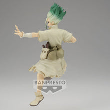 Load image into Gallery viewer, Free UK Royal Mail Tracked 24hr delivery Cool figure of Senku Ishagami from the popular anime series Dr.Stone. This statue is launched by Banpresto as part of their latest Figure of STONE WORLD series. The figure is created beautifully, showing Senku posing in his stone world outfit with his tool bag strapped to his side, and the famous E=MC2 equation across his chest.