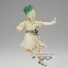 Load image into Gallery viewer, Free UK Royal Mail Tracked 24hr delivery Cool figure of Senku Ishagami from the popular anime series Dr.Stone. This statue is launched by Banpresto as part of their latest Figure of STONE WORLD series. The figure is created beautifully, showing Senku posing in his stone world outfit with his tool bag strapped to his side, and the famous E=MC2 equation across his chest.