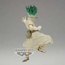 Load image into Gallery viewer, Free UK Royal Mail Tracked 24hr delivery   Cool figure of Senku Ishagami from the popular anime series Dr.Stone. This statue is launched by Banpresto as part of their latest Figure of STONE WORLD series.   The figure is created beautifully, showing Senku posing in his stone world outfit with his tool bag strapped to his side, and the famous E=MC2 equation across his chest. 
