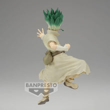 Load image into Gallery viewer, Free UK Royal Mail Tracked 24hr delivery Cool figure of Senku Ishagami from the popular anime series Dr.Stone. This statue is launched by Banpresto as part of their latest Figure of STONE WORLD series. The figure is created beautifully, showing Senku posing in his stone world outfit with his tool bag strapped to his side, and the famous E=MC2 equation across his chest.