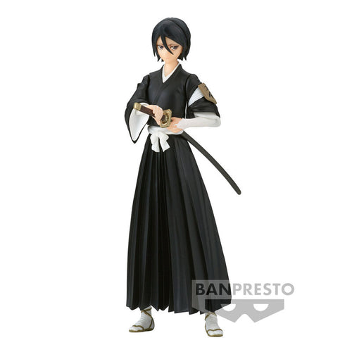 Free UK Royal Mail Tracked 24hr delivery   Fabulous statue of Rukia Kuchiki from the legendary anime Bleach. This figure is launched by Banpresto as part of their latest Solid and Souls series.   This figure is created meticulously, showing Rukia Kuchiki posing in her soul reaper uniform and holding her sword.   This PVC statue stands at 14cm tall, and packaged in a gift / collectible box from Bandai.