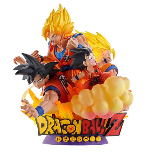 Amazing statue of Son Goku (Life cyle) from the legendary anime Dragon Ball Z. This statue is launched by Bandai Namco and Megahouse as part of their latest Petitrama DX collection.   The creator has completed this piece in excellent fashion, displaying Son Goku transformation over the years on top of the Classic Dragon Ball Z logo base. - Breathtaking! 