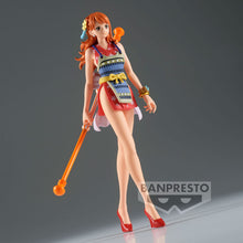 Load image into Gallery viewer, Free UK Royal  Mail Tracked 24hr delivery   Beautiful statue of  Nami from the legendary anime ONE PIECE. This figure is launched by Banpresto as part of their latest The Shukko collection.   This figure is created beautifully, showing Nami posing in her red kimono dress, holding her primary weapon &quot;The Clima-Tact&quot;. - Stunning !  This PVC statue stands at 16cm tall, and packed in a gift / collectible box from Bandai.
