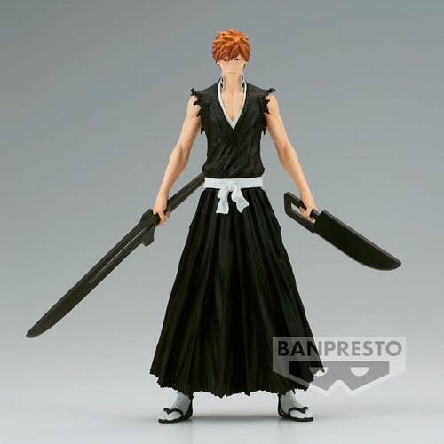 Free UK Royal Mail Tracked 24hr delivery   Striking statue of Ichigo Kurosaki from the legendary anime Bleach. This figure is launched by Banpresto as part of their latest Solid and Souls series.   This figure is created in excellent detail, showing Ichigo posing with his two swords (quincy & soul reaper), in his classic soul reaper uniform,   This PVC statue stands at 17cm tall, and packaged in a gift / collectible box from Bandai.
