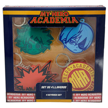 Load image into Gallery viewer, Free UK Royal Mail Tracked 24hr delivery   Official - My Hero Academia Keychain / Keyring set - SET OF 4   This set is launched by CYP brands as part of their latest collection. The set includes 4 x high quality pvc rubber keychains.   Characters: Izuku Midoriya, Shoto Todoroki, Katsuki Bakugo and their official logo.   Official brand: CYP   Excellent for for any My Hero Academia fan. 
