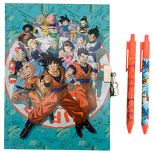 Load image into Gallery viewer, Free UK Royal Mail Tracked 24hr delivery   Official Dragon  Ball Secret Diary and Two Ball pens gift set.   This amazing set is launched by TOEI ANIMATION as part of their latest collection.   The the secret diary (Elastic closure) has also got a secret Dragon Ball padlock to keep your secrets safe.   Diary size: A5  Official brand: TOE ANIMATION   Excellent gift for any Dragon Ball fan. 
