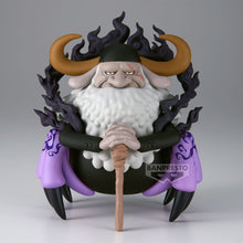 Load image into Gallery viewer, Bring one of the most imposing figures from the World Government to your collection with this officially licensed Saint Jaygarcia Saturn Mega WCF Figure from One Piece, produced by Banpresto.
Saint Jaygarcia Saturn is recreated in the distinctive stylised proportions of the Mega World Collectable Figure series, seated with his hands resting upon his cane and an unmistakably stern expression.
The sculpt captures some of Saturn's most recognisable features, including his enormous white beard, curved horns,