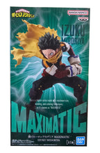 Load image into Gallery viewer, Free UK Royal Mail Tracked 24hr delivery
Stunning statue of Izuku Midoriya from the popular anime series My Hero Academia. This amazing figure is launched by Banpresto as part of their latest Maximatic collection.  
This statue is sculpted in immense detail, showing Izuku Midoriya (known as Deku) posing in his hero battle uniform, and wearing his vigilante scarf (Gran Torino's cloak). -Stunning! 
This PVC statue stands at 18cm tall, and packaged in a gift/collectible box from Bandai.