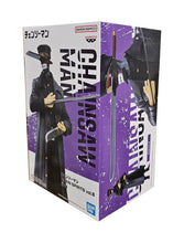 Load image into Gallery viewer, Spectacular statue of Katana Man from the popular anime series Chainsaw Man. This figure is launched by Banpresto as part of their latest Chain Spirits series Vol. 6.   This figure is created meticulously, showing Katana Man posing in his demon form wearing his cool leather trench coat.   This PVC statue stands at 19cm tall, and packaged in a gift / collectible box from Bandai.   Official brand: Banpresto / Bandai 
