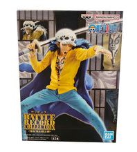 Load image into Gallery viewer, Spectacular statue of Trafalgar Law from the legendary anime ONE PIECE. This striking statue of Law is launched by Banpresto as part of their amazing Battle Record Collection.   This figure is created meticulously, showing Trafalgar Law posing in his pirate gear, holding his sword.   This PVC statue stands at 16cm tall, and packaged in a gift/collectible box from Bandai.  Official brand: Banpresto / Bandai 
