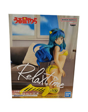 Load image into Gallery viewer, Beautiful statue of Lum from the classic anime Urusei Yatsura. This statue is launched by Banpresto as part of their latest Relax Time collection. This statue is created beautifully, showing Lum posing in her yellow bikini suit. This PVC figure stands at 14cm tall, and packaged in a premium gift/collectible box from Bandai. Official brand: Banpresto / Bandai