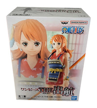Load image into Gallery viewer, Beautiful statue of  Nami from the legendary anime ONE PIECE. This figure is launched by Banpresto as part of their latest The Shukko collection.   This figure is created beautifully, showing Nami posing in her red kimono dress, holding her primary weapon &quot;The Clima-Tact&quot;. - Stunning !  This PVC statue stands at 16cm tall, and packed in a gift / collectible box from Bandai.
