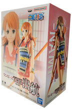 Load image into Gallery viewer, Beautiful statue of  Nami from the legendary anime ONE PIECE. This figure is launched by Banpresto as part of their latest The Shukko collection.   This figure is created beautifully, showing Nami posing in her red kimono dress, holding her primary weapon &quot;The Clima-Tact&quot;. - Stunning !  This PVC statue stands at 16cm tall, and packed in a gift / collectible box from Bandai.

