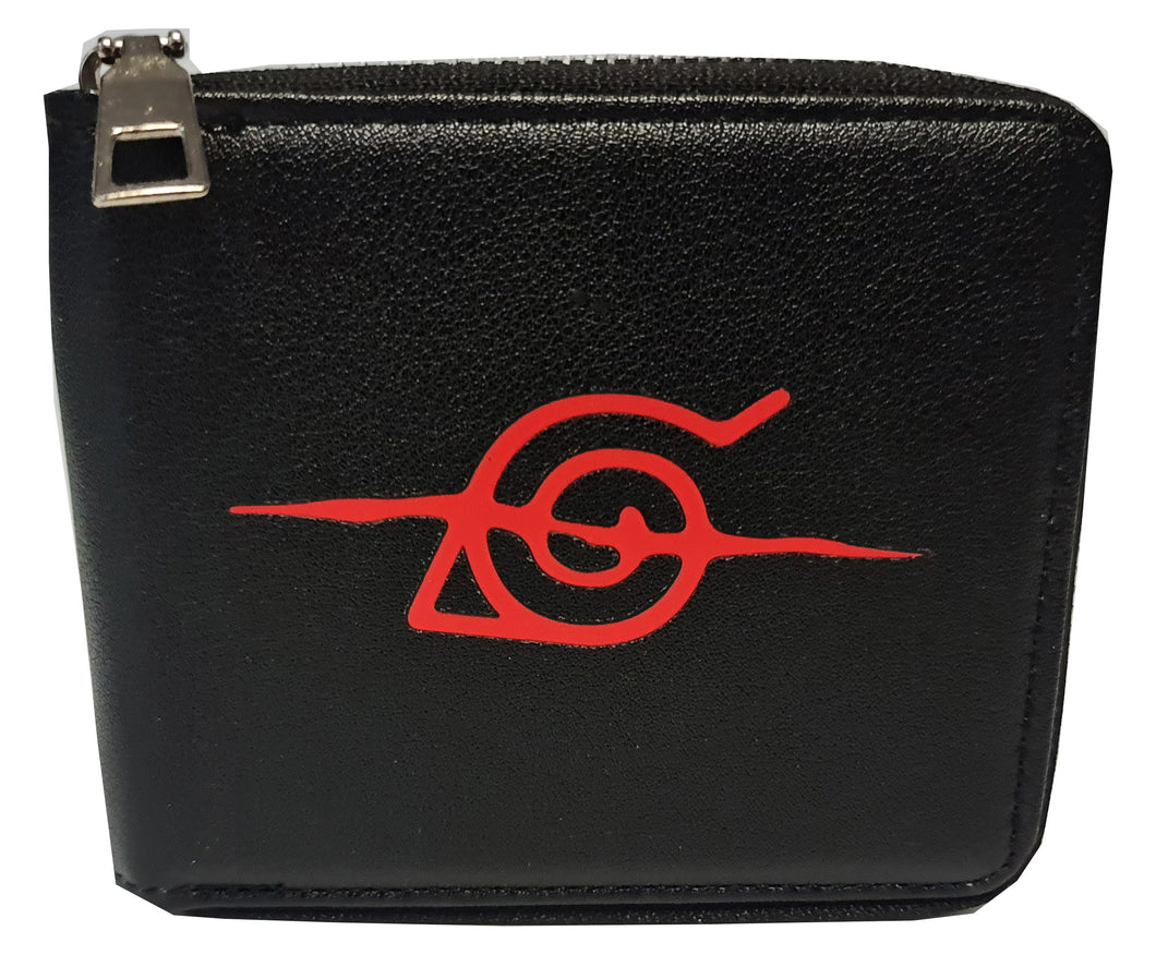 Naruto Anime Zipped Wallet -Hidden Leaf Village Logo - Premium PVC Leather / Black - Unisex