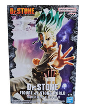 Load image into Gallery viewer, Free UK Royal Mail Tracked 24hr delivery Cool figure of Senku Ishagami from the popular anime series Dr.Stone. This statue is launched by Banpresto as part of their latest Figure of STONE WORLD series. The figure is created beautifully, showing Senku posing in his stone world outfit with his tool bag strapped to his side, and the famous E=MC2 equation across his chest.