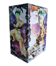Load image into Gallery viewer, Free UK Royal Mail Tracked 24hr delivery Cool figure of Senku Ishagami from the popular anime series Dr.Stone. This statue is launched by Banpresto as part of their latest Figure of STONE WORLD series. The figure is created beautifully, showing Senku posing in his stone world outfit with his tool bag strapped to his side, and the famous E=MC2 equation across his chest.