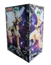 Load image into Gallery viewer, Free UK Royal Mail Tracked 24hr delivery Cool figure of Senku Ishagami from the popular anime series Dr.Stone. This statue is launched by Banpresto as part of their latest Figure of STONE WORLD series. The figure is created beautifully, showing Senku posing in his stone world outfit with his tool bag strapped to his side, and the famous E=MC2 equation across his chest.