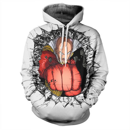 Sharp design of One Punch Man anime hoodie. Premium DTG print with striking colours - polyester hoodie. The silken style of this hoodie makes this hoodie lightweight and comfortable to wear. Excellent for Summer/Autumn.  The DTG technology print the design directly onto the hoodie which makes the design really stand out, easy to wash, and the colour of design will not fade or crack. Adjustable drawstring for the hood with a large front pockets.