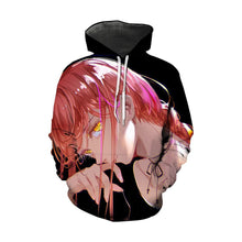 Load image into Gallery viewer, Free UK Royal Mail Tracked 24hr delivery  Beautiful design of Makima  from the latest anime Chainsaw Man.   Premium DTG technology prints the design directly onto the hoodie which makes the design really stand out, easy to wash, and the colours will not fade or crack.  The silken style of this polyester hoodie makes it lightweight and comfortable to wear. A large front pocket and an adjustable hood with drawstrings.  Excellent gift for any Chainsaw Man fan.  

