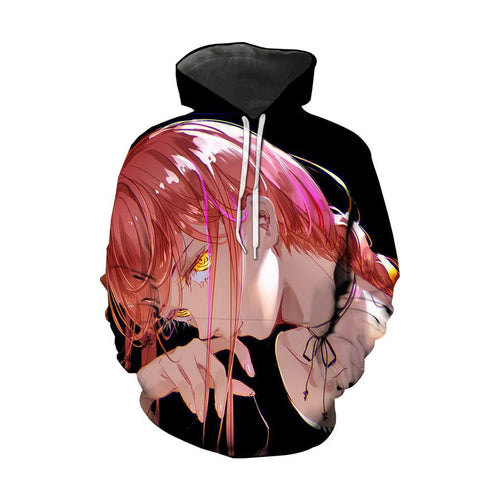 Free UK Royal Mail Tracked 24hr delivery  Beautiful design of Makima  from the latest anime Chainsaw Man.   Premium DTG technology prints the design directly onto the hoodie which makes the design really stand out, easy to wash, and the colours will not fade or crack.  The silken style of this polyester hoodie makes it lightweight and comfortable to wear. A large front pocket and an adjustable hood with drawstrings.  Excellent gift for any Chainsaw Man fan.  