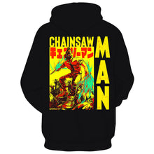 Load image into Gallery viewer, Free UK Royal Mail Tracked 24hr delivery  Amazing design of Denji in his devil-human hybrid form, adapated from the latest anime Chainsaw Man.   Premium DTG technology prints the design directly onto the hoodie which makes the design really stand out, easy to wash, and the colours will not fade or crack.  The silken style of this polyester hoodie makes it lightweight and comfortable to wear. A large front pocket and an adjustable hood with drawstrings.  Excellent gift for any Chainsaw Man fan.  
