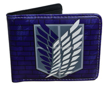 Load image into Gallery viewer, This premium PVC leather wallet is designed with a smooth finish. High-quality DTG design with striking colors directly onto the wallet. Two-part art piece showing two unique sets of anime art on each side of the wallet. Bi-fold closure, with Five card sections, One zip section, photo ID section, and the main section. Excellent gift for any Attack on Titan fan.