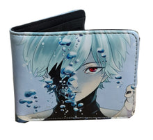 Load image into Gallery viewer, This premium PVC leather wallet is designed with a smooth finish. High-quality DTG design with striking colors directly onto the wallet. Two-part art piece showing two unique sets of anime art on each side of the wallet. Bi-fold closure, with Five card sections, One zip section, photo ID section, and the main section. Excellent gift for any Tokyo ghoul fan.