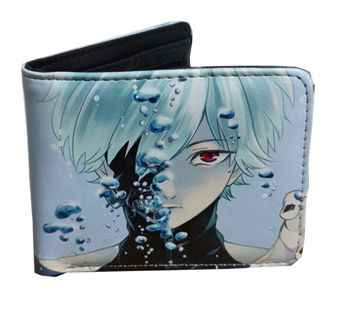 This premium PVC leather wallet is designed with a smooth finish. High-quality DTG design with striking colors directly onto the wallet. Two-part art piece showing two unique sets of anime art on each side of the wallet.  Bi-fold closure, with Five card sections, One zip section, photo ID section, and the main section.  Excellent gift for any Tokyo ghoul fan.