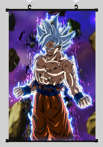 Free UK Royal Mail Tracked 24hr delivery  High-quality fabric wall scroll of Ultra Instinct Son Goku from the legendary anime Dragon Ball Z.   Premium quality DTG design. No reflection, easy to clean and waterproof.  Two rods included with hooks for easy suspension and simple installation.  High resolution DTG print.  Size: 60cm x 90cm    Excellent piece of art to decorate your space, and show off t
