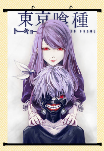 Free UK Royal Mail Tracked 24hr delivery  High-quality fabric wall scroll of Ken Kaneki & Rize Kamishiro, adapted from the popular anime Tokyo Ghoul.   Premium quality DTG design. No reflection, easy to clean and waterproof.  Two rods included with hooks for easy suspension and simple installation.  High resolution DTG print.  Size: 60cm x 90cm    Excellent piece of art to decorate your space, and show off to family and friends.