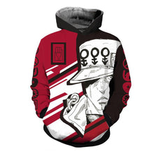Load image into Gallery viewer, Free UK Royal Mail Tracked 24hr delivery   Striking design of Jotaro Kujo from the popular anime series JoJo&#39;s Bizarre Adventure.  Premium DTG technology prints the design directly onto the hoodie which makes the design really stand out, easy to wash, and the colours will not fade or crack.  The silken style of this polyester hoodie makes it lightweight and comfortable to wear. A large front pocket and an adjustable hood with drawstrings.  Excellent gift for any JoJo fan.    
