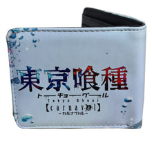 Load image into Gallery viewer, This premium PVC leather wallet is designed with a smooth finish. High-quality DTG design with striking colors directly onto the wallet. Two-part art piece showing two unique sets of anime art on each side of the wallet. Bi-fold closure, with Five card sections, One zip section, photo ID section, and the main section. Excellent gift for any Tokyo ghoul fan.