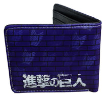 Load image into Gallery viewer, This premium PVC leather wallet is designed with a smooth finish. High-quality DTG design with striking colors directly onto the wallet. Two-part art piece showing two unique sets of anime art on each side of the wallet. Bi-fold closure, with Five card sections, One zip section, photo ID section, and the main section. Excellent gift for any Attack on Titan fan.