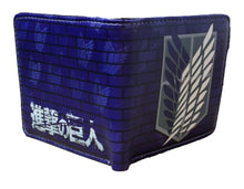 Load image into Gallery viewer, This premium PVC leather wallet is designed with a smooth finish. High-quality DTG design with striking colors directly onto the wallet. Two-part art piece showing two unique sets of anime art on each side of the wallet. Bi-fold closure, with Five card sections, One zip section, photo ID section, and the main section. Excellent gift for any Attack on Titan fan.
