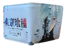 Load image into Gallery viewer, This premium PVC leather wallet is designed with a smooth finish. High-quality DTG design with striking colors directly onto the wallet. Two-part art piece showing two unique sets of anime art on each side of the wallet. Bi-fold closure, with Five card sections, One zip section, photo ID section, and the main section. Excellent gift for any Tokyo ghoul fan.