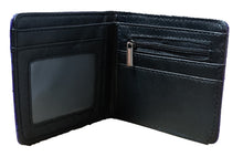 Load image into Gallery viewer, This premium PVC leather wallet is designed with a smooth finish. High-quality DTG design with striking colors directly onto the wallet. Two-part art piece showing two unique sets of anime art on each side of the wallet. Bi-fold closure, with Five card sections, One zip section, photo ID section, and the main section. Excellent gift for any Attack on Titan fan.
