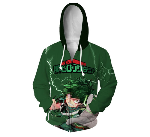 Sharp design of My Hero Academia Anime zipper. Premium DTG print with striking colours - polyester zipper. The silken style of this zipper makes this zipper lightweight and comfortable to wear. Excellent for Summer/Autumn.  The DTG technology print the design directly onto the zipper which makes the design really stand out, easy to wash, and the colour of design will not fade or crack. Adjustable drawstring for the hood with two front pockets.