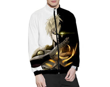 Load image into Gallery viewer, Premium print design of One Punch Man Saitama from the popular anime series. Detailed DTG print with striking colours - Premium polyester zipper. The silken style of this zipper is designed to be lightweight and comfortable to wear. Excellent for Summer/Autumn. The DTG technology prints the design directly onto the zipper which makes the design really stand out, easy to wash, and the colour of design will not fade or crack. Adjustable drawstring for the hood with two Front pockets.