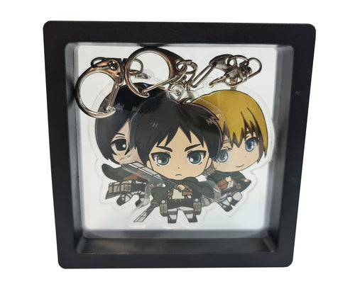 Cool set of Attack On Titan keychains.  Premium design DTG quality acrylic keyrings. The main acrylic panel stands at 6cm (approx), and 4mm (approx) thickness.  3 piece set and packaged in a cute see-through pouch.  Keychain 1: Armin Arlert Keychain 2: Eren Yeager Keychain 3: Mikasa Ackerman