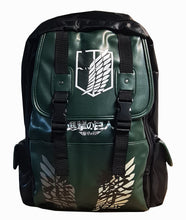 Load image into Gallery viewer, Premium anime backpack for our Attack on Titan fans. Pearl cotton double straps with capacity of 29cm x12cm x 40cm.  Multi-pockets allow books, notebooks, umbrellas, water bottles, and any other daily accessories. Main pocket with cap and drawstring closure. Adjustable shoulder-padded comfortable straps, waterproof, and the zip is covered for anti-theft.  Excellent for work/school/college/university or travel. 3D high-quality DTG print of Scout Logo directly onto the school bag/backpack.
