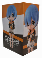 Load image into Gallery viewer, Free UK Royal Mail Tracked 24hr delivery   Super cute Q POSKET (Type A) figure/statue of Rem from the popular anime series Re:Zero Starting Life in Another World.   The figure is sculpted in striking colours, showing Rem posing in her super cool zipper.   The statue stands at 14cm tall, comes with a display base, and is packaged in an official premium gift box from Bandai. 
