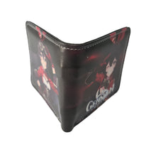 Load image into Gallery viewer, Free UK Royal Mail Tracked 24hr delivery. This premium PVC leather wallet is designed with a smooth finish. High-quality DTG design with striking colours. Two-part art piece showing two sets of anime art on each side of the wallet. Bi-fold closure, with Five card sections, One zip section, a photo ID section, and the main section. Excellent gift for any Genshin Impact fan.