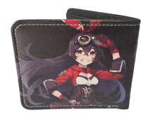 Load image into Gallery viewer, Free UK Royal Mail Tracked 24hr delivery. This premium PVC leather wallet is designed with a smooth finish. High-quality DTG design with striking colours. Two-part art piece showing two sets of anime art on each side of the wallet. Bi-fold closure, with Five card sections, One zip section, a photo ID section, and the main section. Excellent gift for any Genshin Impact fan.
