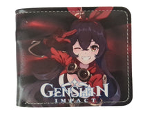Load image into Gallery viewer, Free UK Royal Mail Tracked 24hr delivery. This premium PVC leather wallet is designed with a smooth finish. High-quality DTG design with striking colours. Two-part art piece showing two sets of anime art on each side of the wallet. Bi-fold closure, with Five card sections, One zip section, a photo ID section, and the main section. Excellent gift for any Genshin Impact fan.